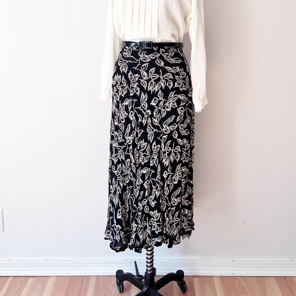 SIZE L/XL 90s Reversible Midi Skirt Black Botanical Floral Whimsygoth‎ Witchy